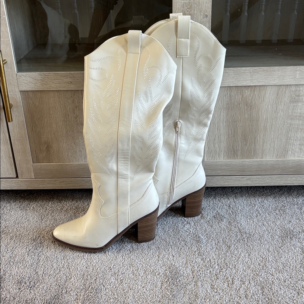 Cream Western Style Knee-High Boots